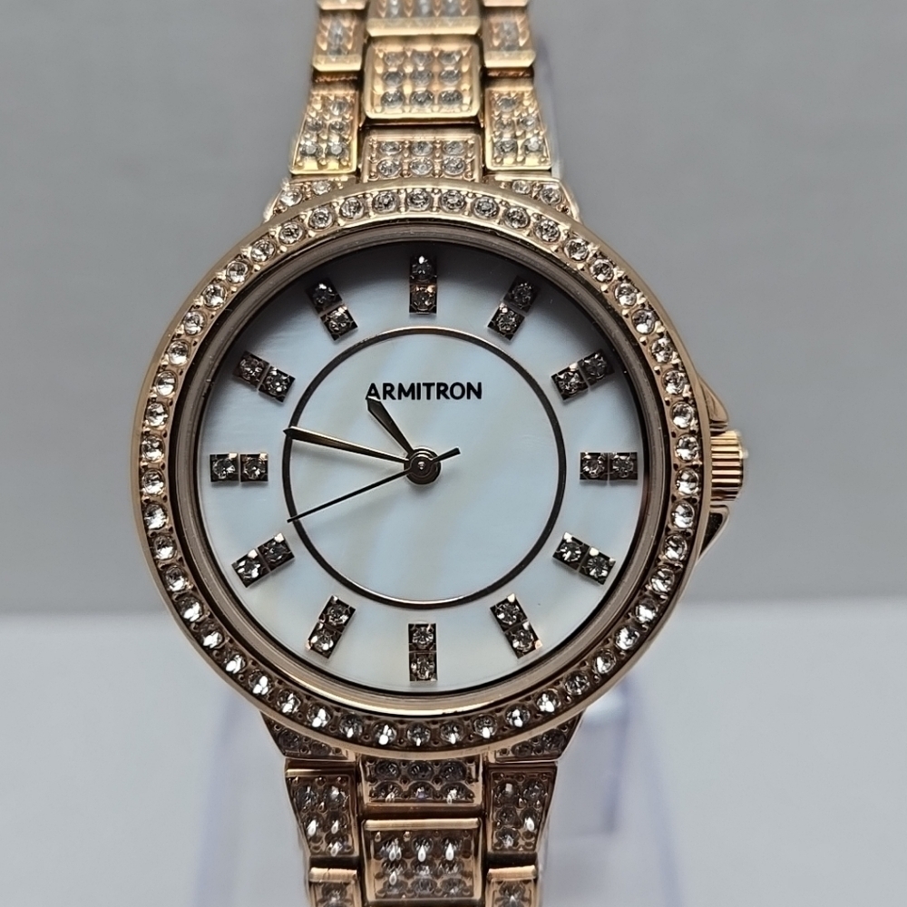 Womens Armitron Crystal Rose Gold Tone Watch MOP Dial New Battery 32mm 75/5317